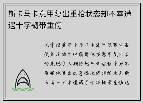 斯卡马卡意甲复出重拾状态却不幸遭遇十字韧带重伤 斯卡马卡意甲复出重拾状态却不幸遭遇十字韧带重伤