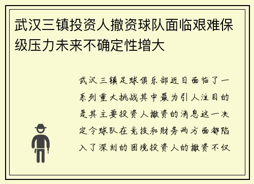 武汉三镇投资人撤资球队面临艰难保级压力未来不确定性增大 武汉三镇投资人撤资球队面临艰难保级压力未来不确定性增大